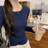 Super-Good-Looking Hollowed-Out Jacquard Three-Button Long-Sleeved T-Shirt Women's Spring And Autumn 2024 New Undershirt