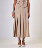 Buttoned Vest And Pleated Midi Skirt Two Piece Set-Outfit