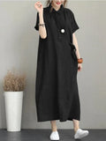 Dress Women Cotton Linen Vintage Casual Loose Oversie Lapel Short-sleeved Dress New In Mid-length Long Dress for Women-Outfit