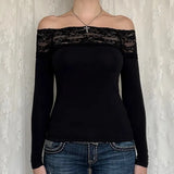 Fongt Hot Girl One Word Shoulder Lace Splicing Long Sleeve T Shirt Female New Slim Solid Color Bottom Top-Outfit