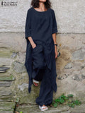ZANZEA Fashion 2PCS Wide Leg Pants Sets Spring O-Neck Long Sleeve Blouse Suits Oversized Women's Tracksuit Casual Solid