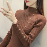 Elegant Turtleneck Women Knitted Pullover Sweater Fashion Autumn Long Sleeve Jumper Button Korean Pink Winter