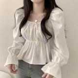 Solid Color Elastic Square Collar Puff Sleeve Blouse-Outfit