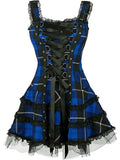 Dark Plaid Bandage Gothic Women A-line Dresses Grunge Aesthetic Lace Trim Patchwork Mini Dress Punk Bodycon Sexy