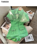 Summer Vintage Short Sleeve Turn-Down Collar Green Jumpsuits Women's Elegant High Waist Patchwork Single Breasted