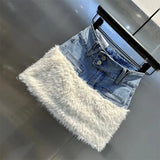 Faux Fur Trim Denim Mini Skirt-Outfit