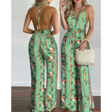 New Style Women Floral Print Long Jumpsuits Summer Sleeveless Deep V-neck Backless Halter Loose Jumpsuit For Holiday