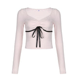Fongt Wind Retro Lace-Up Side Waist Draw Rope Solid Color T-Shirt Women's U Collar Slim Long Sleeve Bottom Top-Outfit