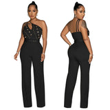 Leisure Party Women's Pants Slim Fit One Shoulder Off Back Solid Color Beaded Sexy Elegant Jumpsuit-Outfit