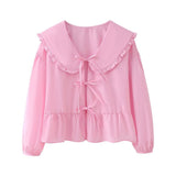 New Spring Doll Tie Casual Loose Solid Color Shirt-Outfit