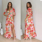 Fongt Women's 23 Summer New Print Sexy Deep V Crop Slit Dress 230303-Outfit
