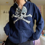 Vintage Skull Graphic Zip Up Hoodie-Outfit