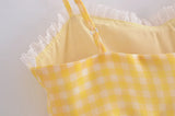 Yellow Plaid Puff Babydoll Mini Dress-Outfit