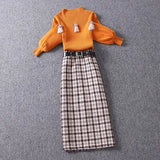 Women Autumn Winter Two Pieces Sets Office Ladies Clothing Set Turtleneck Knitted Sweaters And Tweed Plaid long Skirts
