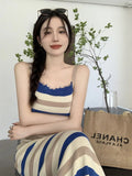 Retro Striped Knitted Sling Dress Girl Spring And Autumn New Bag Hip Chic Temperament Open Fork Long