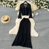 Fongt Wearing A Female Gentle Wind High-End Feeling V-Neck Long-Sleeved Empty Crochet Knitted Half-Dress