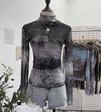 Real Shooting Denim Pattern Dye Printing Retro Babes Thin Mesh T-Shirt High-Necked Long Sleeve Bottom Shirt Top