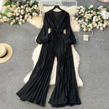 Sleeve Jumpsuit Spring Style V-Tie Waist Long Style Pleated Wide-Leg Trousers-Outfit