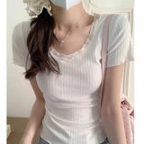 Aesthetic Lace Trim Short Sleeve Bow Tee-Outfit