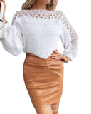 2023 New Women's Fashion Print Hollow Pattern Stitching Lantern Sleeve Sweater-Outfit
