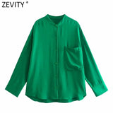New Women Simply Stand Collar Solid Green Casual Kimono Shirt Female Pocket Patch Blouse Roupas Chic Blusas Tops