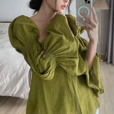 Fongt Autumn New Sweet French Square Collar Pleated Horn Sleeve Design Sense Top Women's