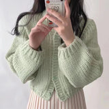 Round Neck Lantern Sleeve Knitted Cardigan-Outfit