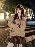 Brown V-neck Letter Print Oversize Sweater-Outfit