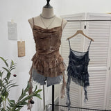 Real Shoot Spice Girl Swing Network Yarn Print Sling Vest Retivating Lotus Leaf Side Ribbon Short Top
