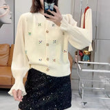 Early Spring New Heavy Industry Color Button Three-Dimensional Diamond Bead Knitted Cardigan Women's Color Spliced Sleeve Short Blouse-Outfit