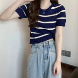 Fongt Striped Short-Sleeved Knitted Shirt 2024 Summer New Design Sense Small Loose Short Top In