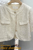 High Quality Korean Tweed Paillette Short Sleeve Jacket Coat Women Korean Fashion Sequin Short Outerwear