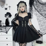 Cross Print Strap Shoulder Lace Spliced Dress Dark Sexy Slim Princess Dress-Outfit