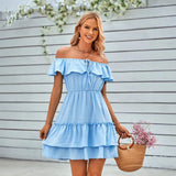 Fongt Women's Spring And Summer Casual Off-Shoulder Flounces Solid Color Dress Women-Outfit