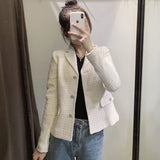 Women Fashion Single Breasted Tweed Check Short Blazers Coat Vintage Long Sleeve Female Outerwear Chic