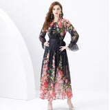 Fongt Suit Women's Long-Sleeved Print Chiffon Top High-Waist Long Skirt Two-Set Women