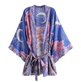 Bohemian Women Blue Space Moon Flower Print Kimono Shirt BOHO Beach Tide Bow Sashes Maxi Long Cardigan Blouse Holiday