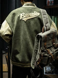 and autumn retro green bomber jacket men's jacket handsome ins embroidery trend couple baseball uniform men jacket-Outfit