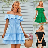 Fongt Women's Spring And Summer Casual Off-Shoulder Flounces Solid Color Dress Women-Outfit
