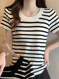New Summer Style Xiaoxiangfeng Spliced Striped Short-Sleeved Knitted Cedar Thin Ice Silk T-Shirt-Outfit