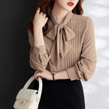 Fongt Curry With Chiffon Long-Sleeved Shirt Women's Bow Tie Irregular Design Sense 2025 New Ocean