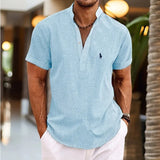Fongt New Men's Plus Size Solid Color Henry Collar Short Sleeve Shirt Cover Shape Simple Shirt-Outfit