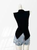 Fongt Temperament Korean Version Slim Slim Black Half High Collar Sleeveless Jacket Female Design Sense Careful Machine Hollow T-Shirt-Outfit