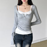 Solid Color Patchwork Stitching Side Long Sleeve Tee-Outfit