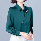Vintage Women's Shirt Blouses for Women Solid Embroidered Long Sleeve Top Woman Polo Neck Clothing Female Button Up Basic