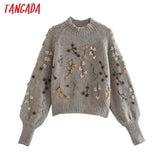 Women Beading Flowers Turtleneck Sweater Jumper Female Elegant Oversize Pullovers Chic Tops