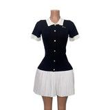 Fongt Wind Bumping Collar Short Sleeves Covert Thin 100 Folded Knitted Dress