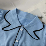 Summer Women Knitted Short Sleeve Patchwork Polo Collar Cropped T-shirts Girls Large Elastic Slim Tshirt Tees Crop Tops-Outfit