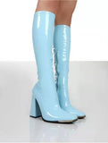 Square Toe Chunky Heel Bright Leather Boots-Outfit