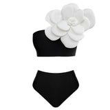 One-Shoulder Three-Dimensional Flower High-Waisted Solid Color Split Swimsuit Woman 2025 New